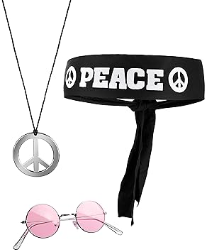 Balinco 3-teilliges Hippie Set mit Stirnband Peace Zeichen Kette und runder Nickel Sonnenbrille
