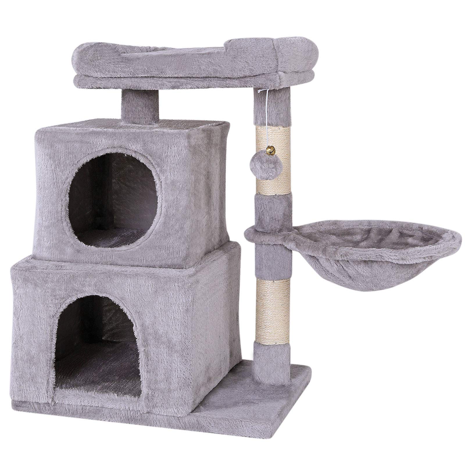 lionto Cat Scratching Post with Plush Ball Including Bell & Lounger Height 70 cm Cat Tree with Sisal & Plush, Cosy Lying Surface & Caves, Suitable for Small and Large Cats, Light Grey