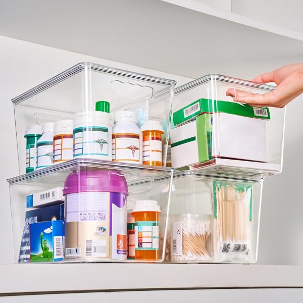 THEAOO CLEAR STORAGE BINS WITH LIDS STACKABLE – LARGE PLASTIC CONTAINERS FOR PANTRY ORGANIZATION AND STORAGE – PERFECT FOR KITCHEN,FRIDGE,LAUNDRY ROOM,BATHROOM,GARAGE,CLOSET,CABINET ORGANIZER – 8 PACK