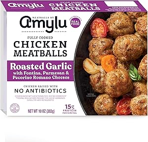 Amylu Foods Roasted Garlic Chicken Meatballs, Natural Ingredients, 15g of Protein, Chicken Raised with No Antibiotics, Fully 
