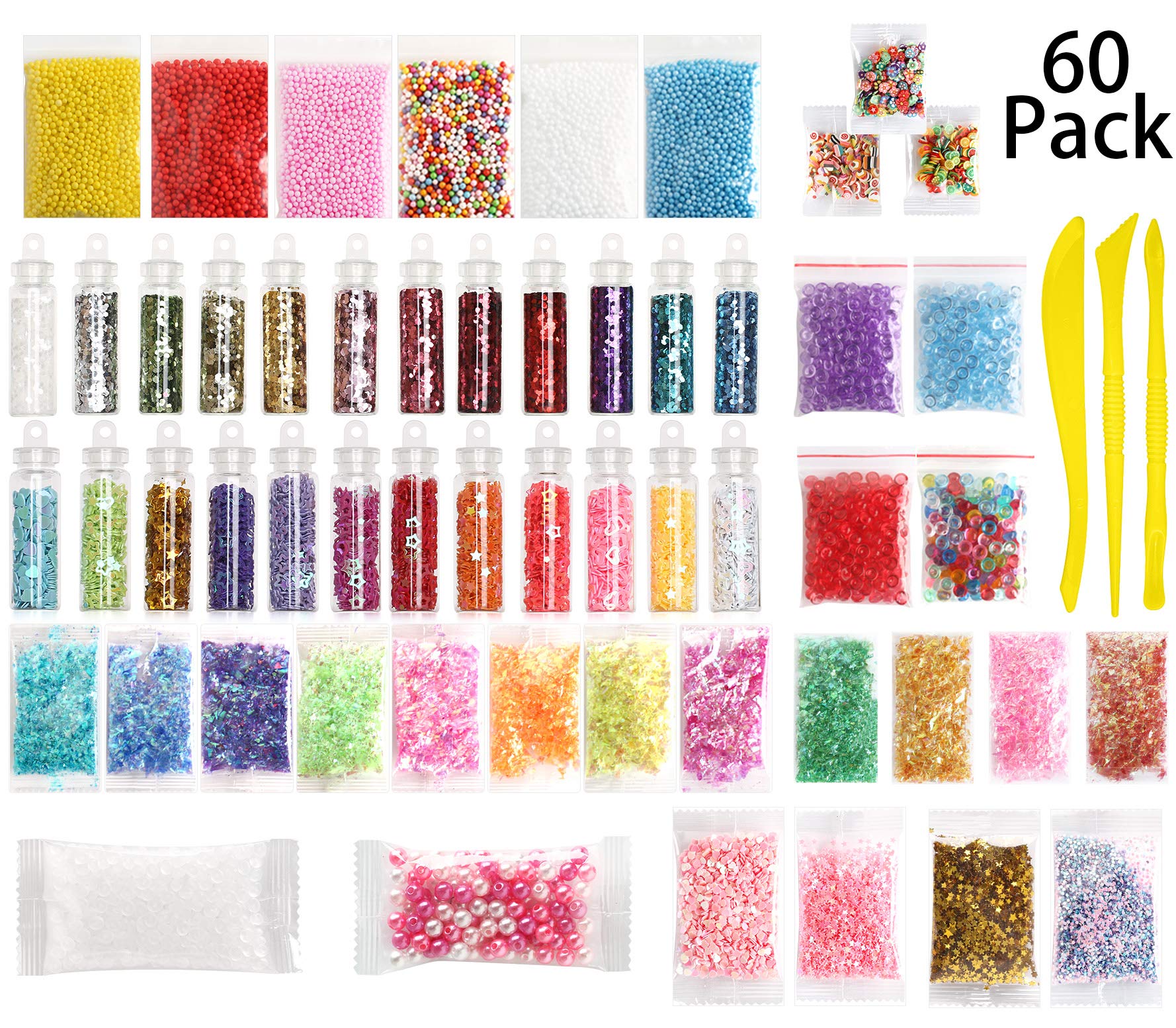 60 Pièces Slime Fournitures Kit, VDROL Compris Slime Mousse Perles, Bol de Poisson Perles,Pots de paillettes,Papier de Sucre,Tranches,Confettis pour la création de Slime DIY (Venez avec pas de Colle)