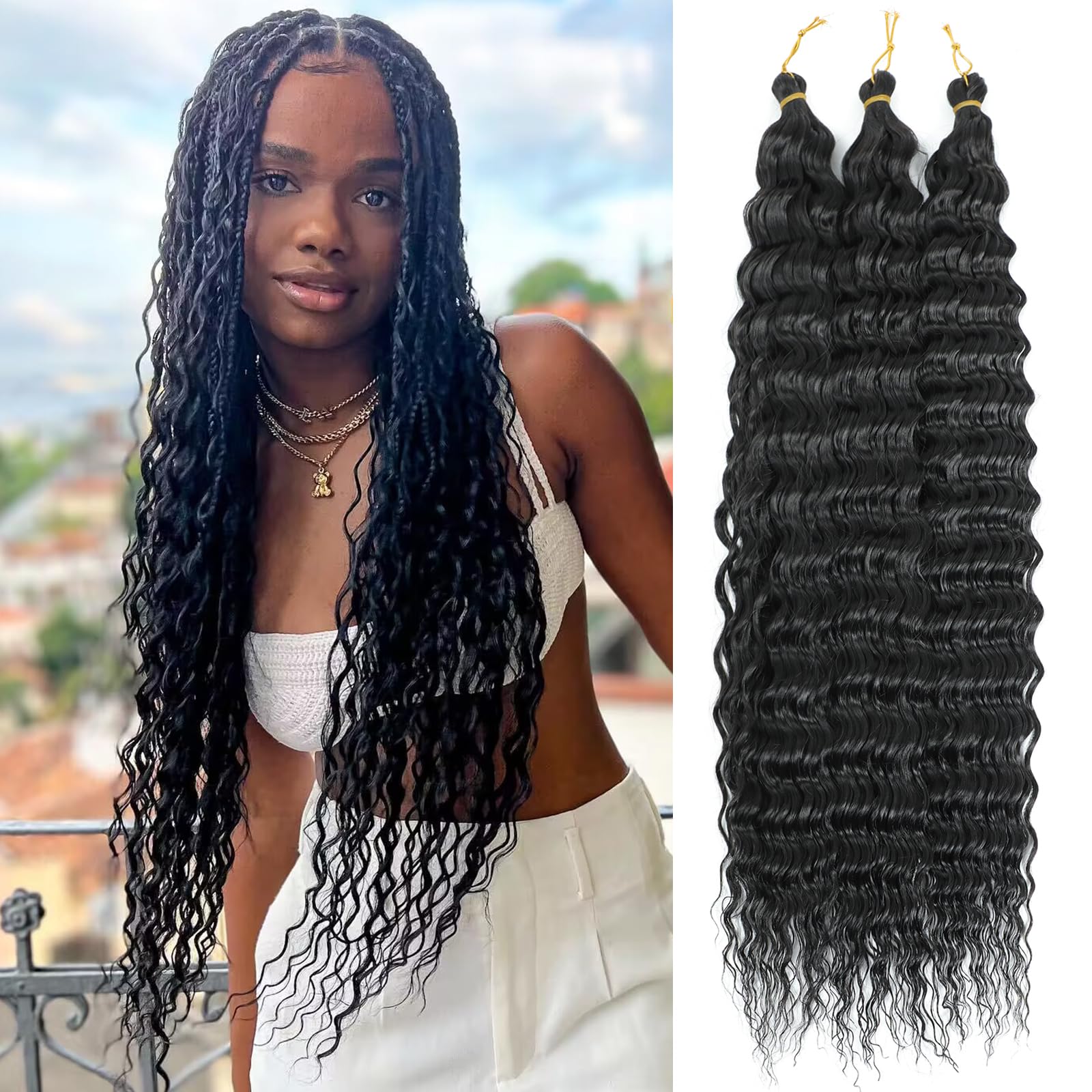 MLETULIPS Ocean Wave Crochet Hair Extensions Deep Wave Braiding Crochet Hair Soft Synthetic Curly Braiding Crochet Hair for Black Women (1B, 22 inch (pack of 3๏ผ) โ image 1