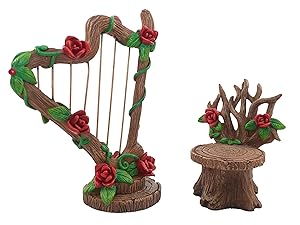 GlitZGlam Miniature Rose Harp and Chair Set for The Fairy Garden - Miniature Garden Accessory for The Fairy Figurines