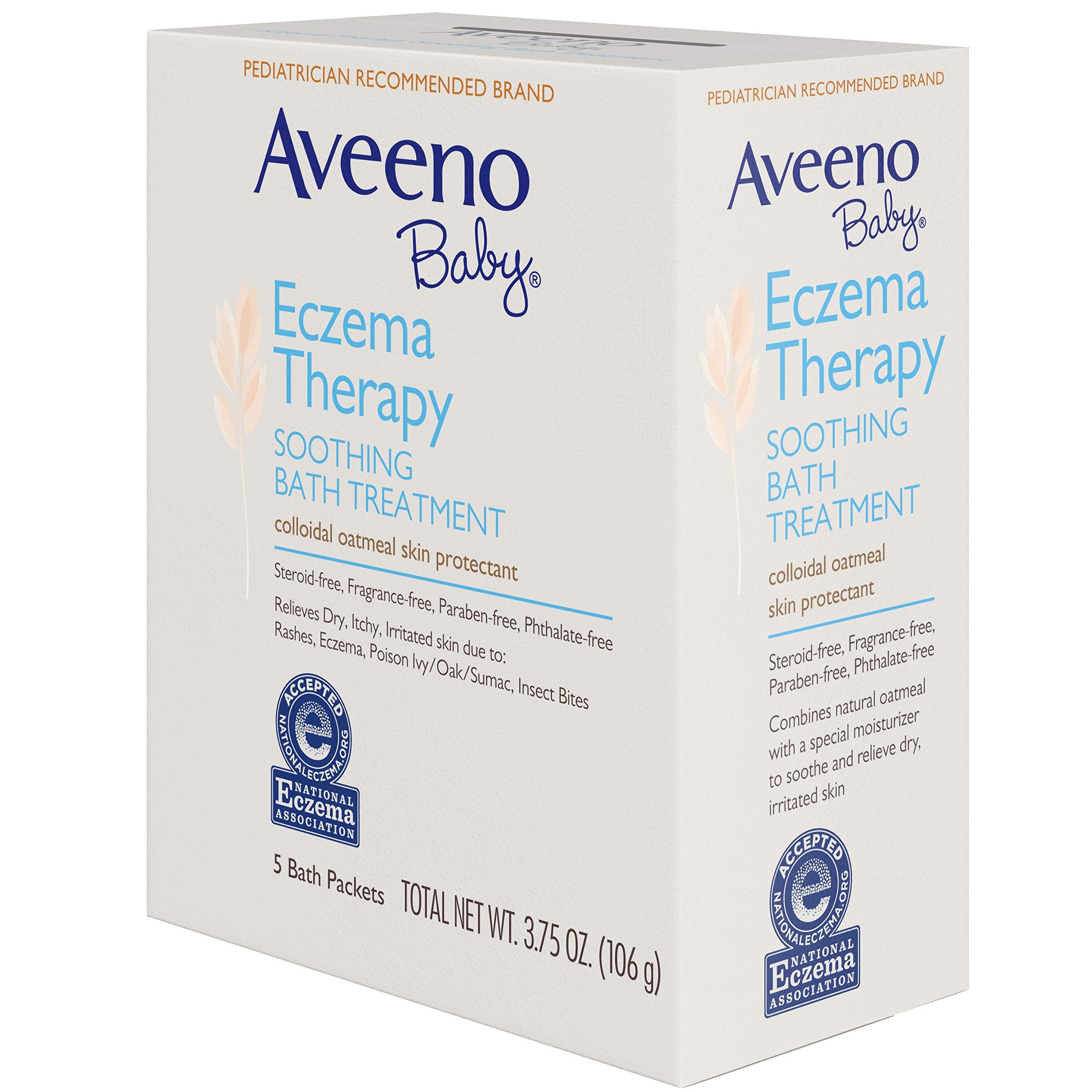 Aveeno Baby Eczema Therapy Soothing Bath Treatment for Relief of Dry, Itchy & Irritated Skin, Made with Natural Colloidal Oatmeal, Fragrance-, Paraben-, Steroid- & Tear-Free, 5 ct