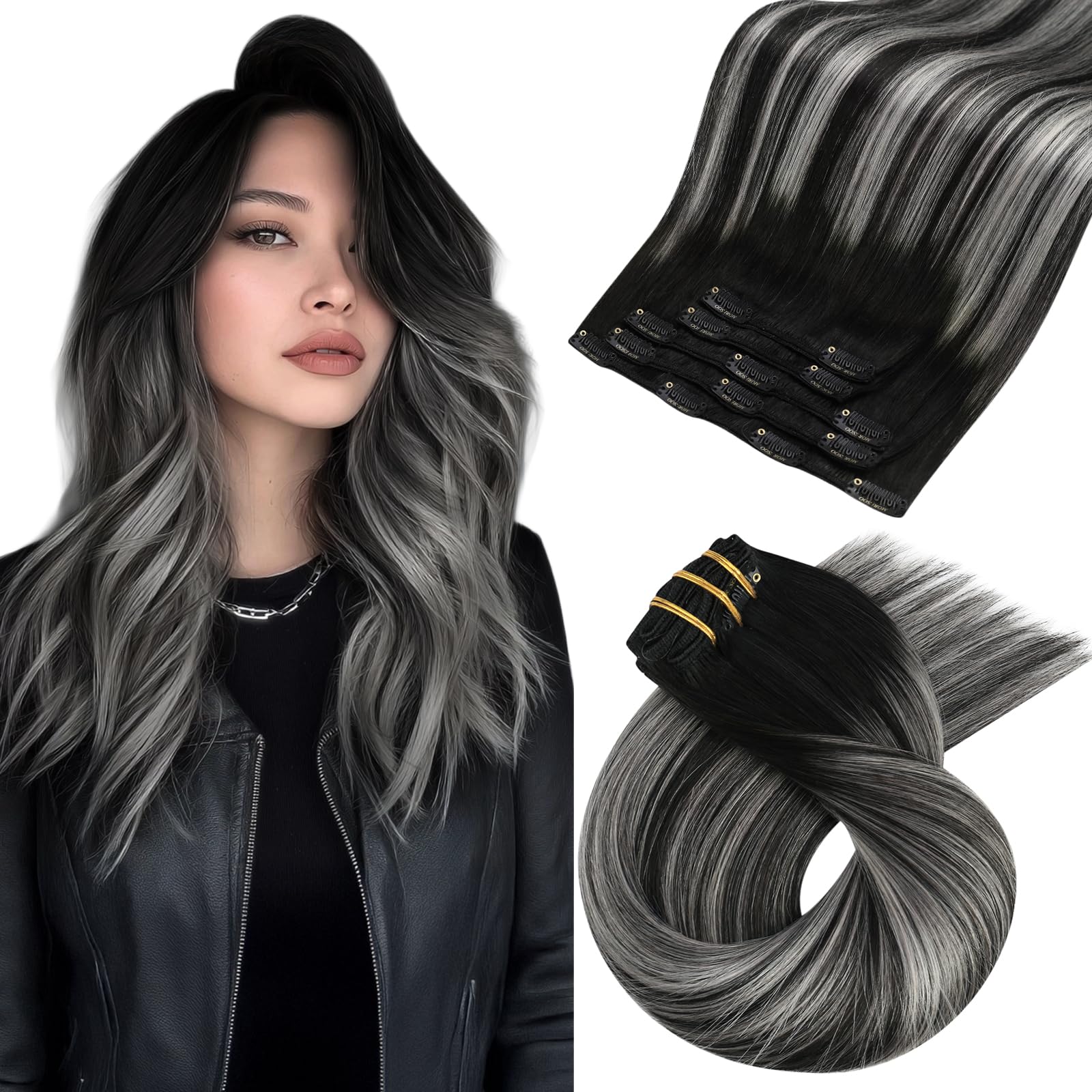 Moresoo Clip in Hair Extensions Real Human Hair Black Ombre to Silver Clip in Human Hair Extensions 14 Inch Remy Straight Hair 5 Pieces/80g #1B/S/1B — image 1