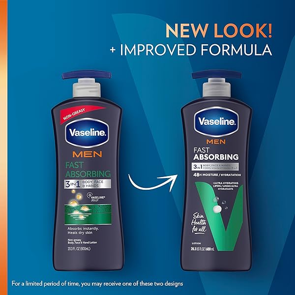 VASELINE MEN FAST ABSORBING 3-IN-1 FACE, HANDS & BODY LOTION FOR MEN, FOR DRY SKIN, ABSORBS IN JUST 15 SECONDS FOR MOISTURIZED SKIN 20.3 OZ