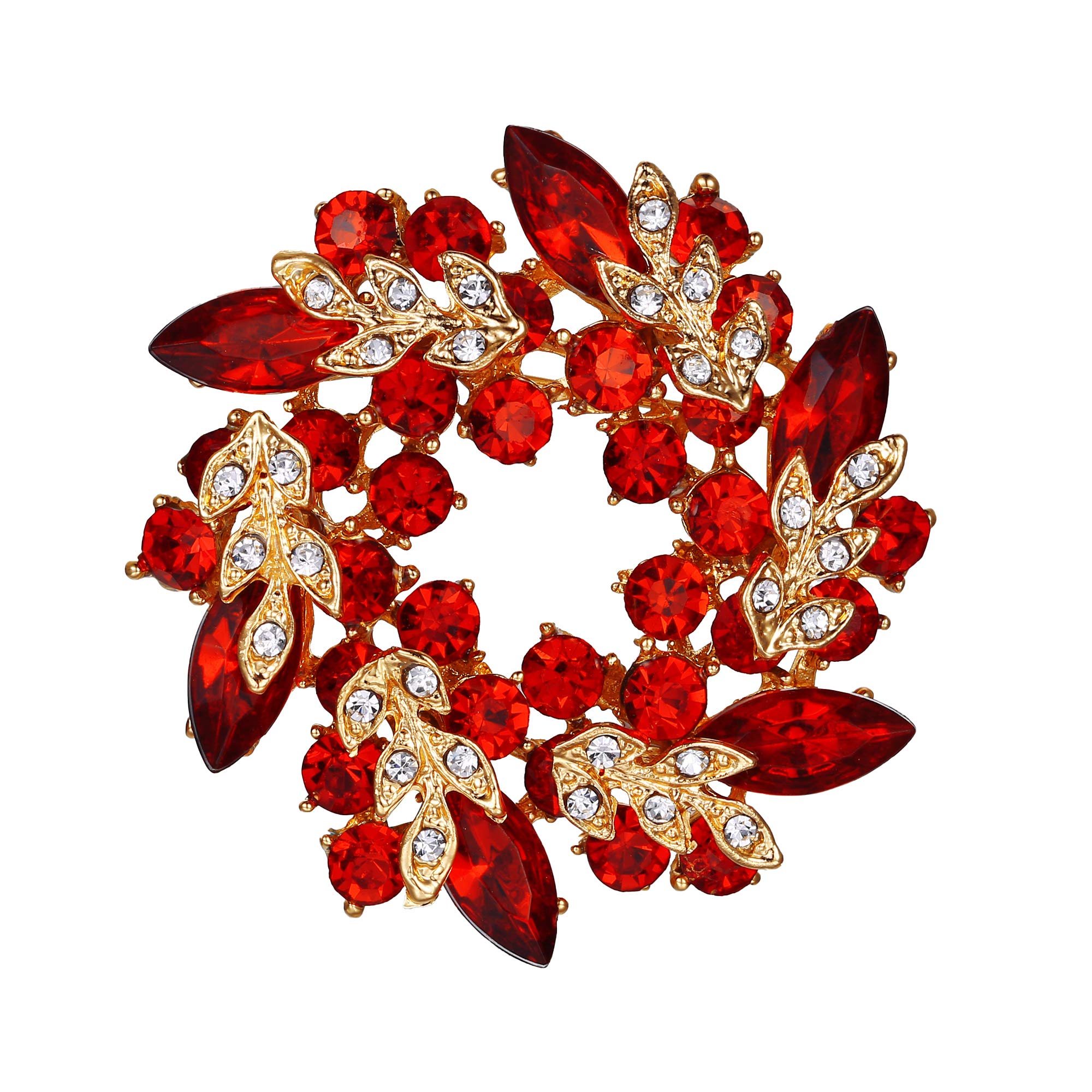 EVER FAITH Austrian Crystal Wedding Bridal Leaf Flower Wreath Brooch Pin Red Gold-Tone