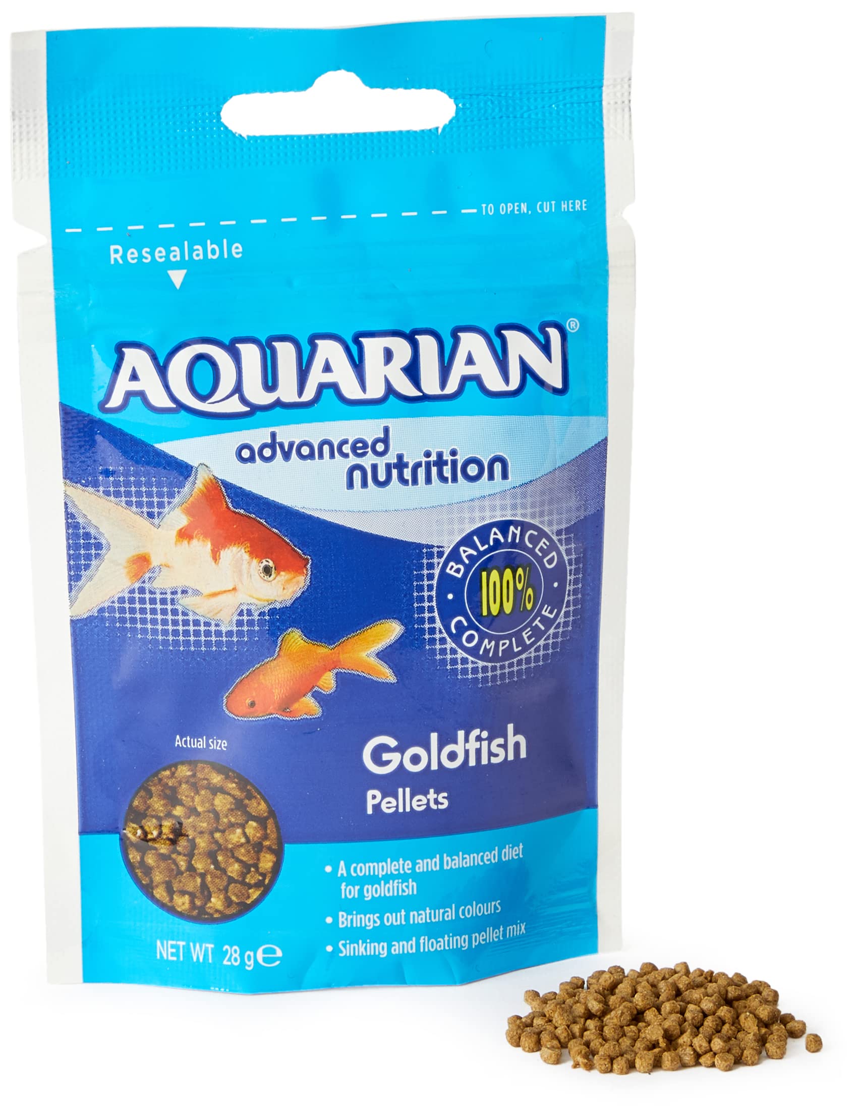 AQUARIAN Complete Nutrition, Aquarium Goldfish Food Pellets Also Suitable For Small Pond Fish, 28 g Bag