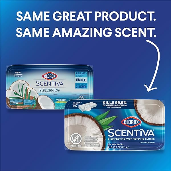 CLOROX SCENTIVA DISINFECTING WET MOPPING CLOTHS, COCONUT AND WATERLILY, 24 REFILLS (PACK MAY VARY)