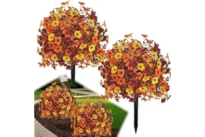 YUGYUM 2 Pack Fall Artificial Boxwood Topiary Ball Trees with Mums Flowers,23" UV Resistant Outdoor Faux Shrubs Plants Greenery with Spike,Fake Violet Bush for Porch Garden Pathway Autumn Decor-Orange