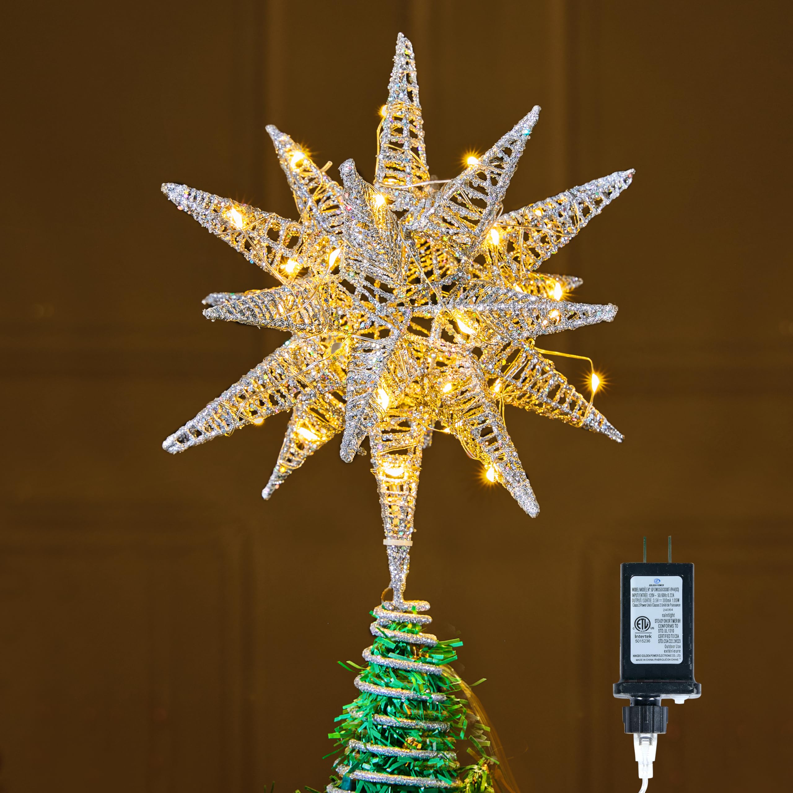 Photo 1 of JOIEDOMI 11in Metal 3D Glitter Star Christmas Tree Topper Silver Tree Topper, 36LED Warm White with Plug Timer Star Tree Topper Ornaments Christmas Tree Decorations Home Holiday Party Indoor Decor