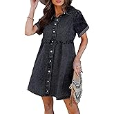luvamia Women's Casual Short Sleeve Button Down Tiered Denim Babydoll Jean Dress