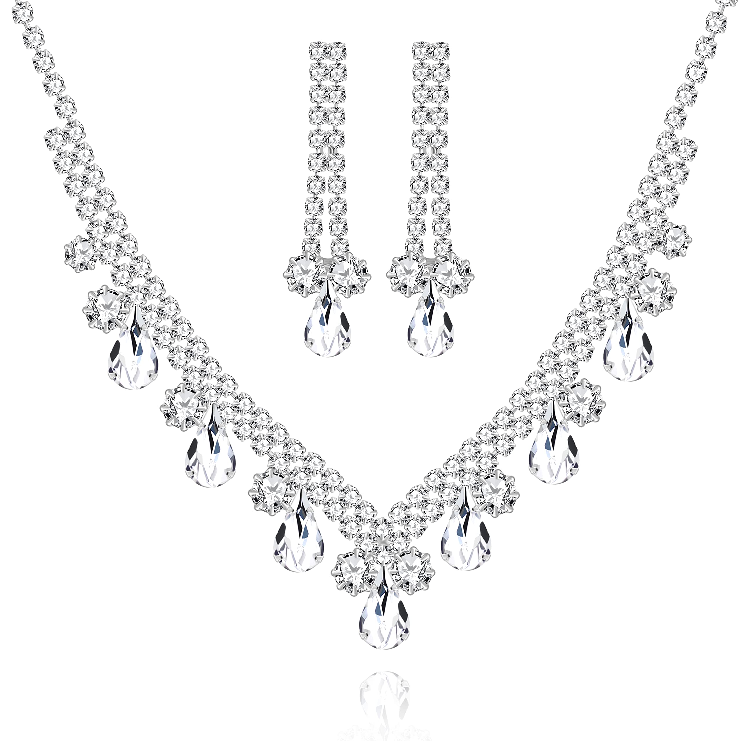Uloveido Fashion Crystal Necklace and Stud Long Earrings Set, Rhinestone Bridal Bridesmaid Jewelry, with 7 Cards Y1663