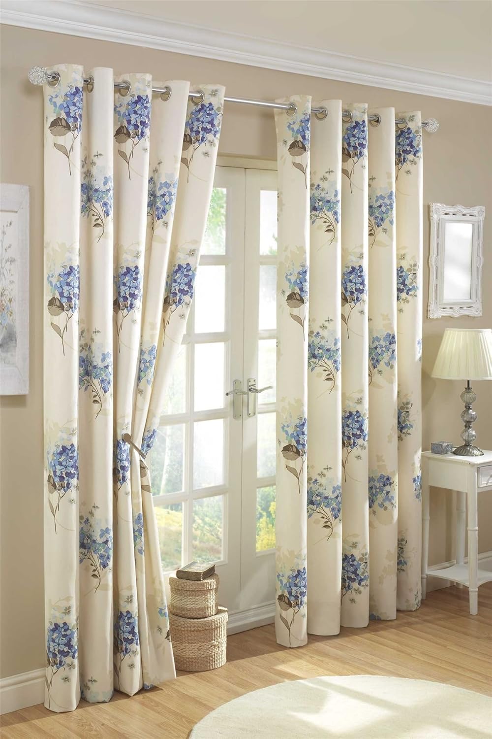 66" x 72" Aston Blue Curtains, Lined Eyelet / Ring Top, Floral Bouquet