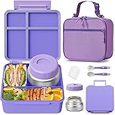Kids Bento Lunch Box with Thermos, Leakproof Toddler Bento Box with 9 OZ Insulated Food Jar, Lunch Bag & Utensils 3 or 4 Compartment Container for School Girls Boys