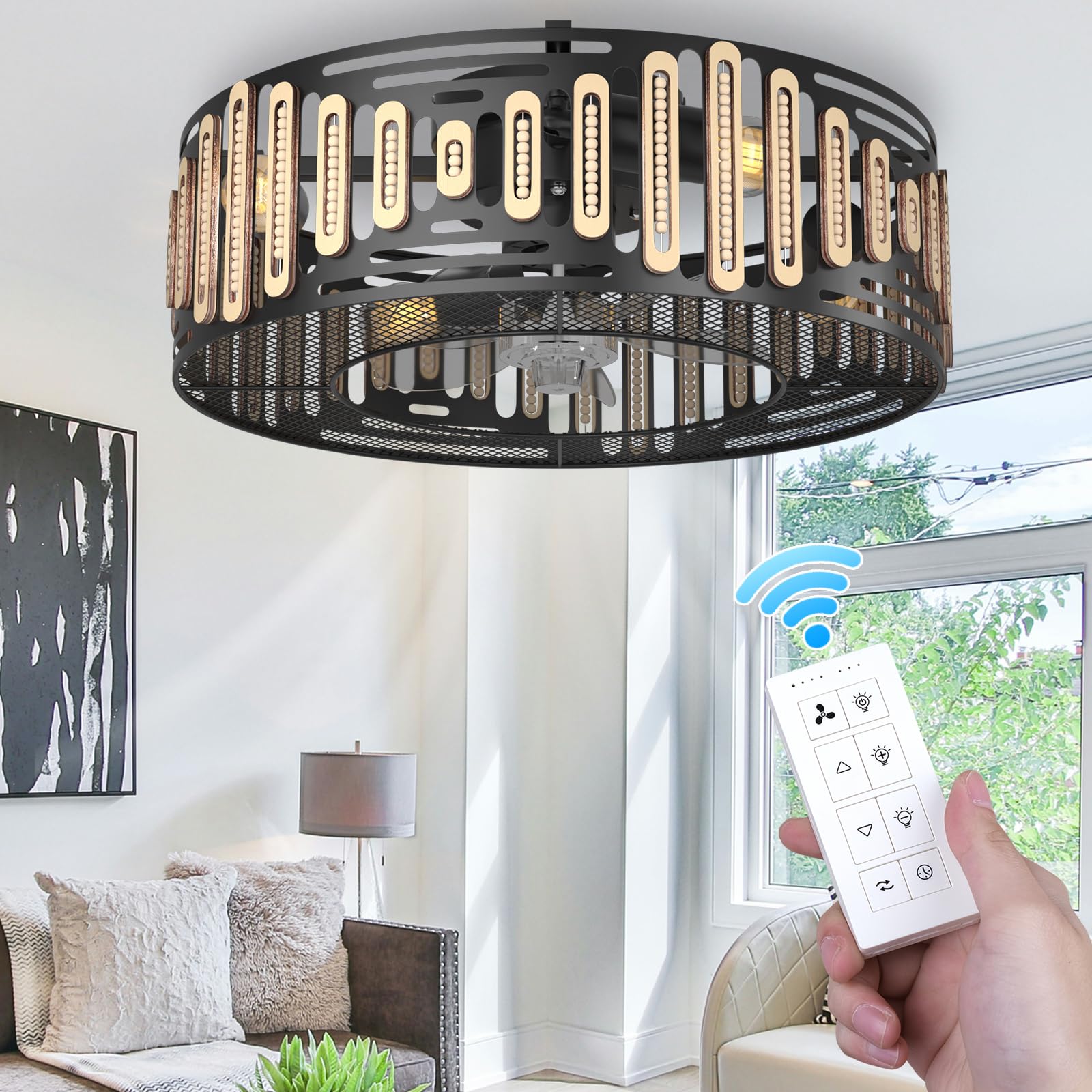 Prichor Modern Caged Ceiling Fan with Light and Remote - Black Outdoor Ceiling Fan with Dimmable and Reversible Fan Blades, 6 Speed Caged Ceiling Fan, 2H Timing (E27 Bulbs Included)