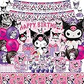 121Pieces Kuromi Birthday Party Decorations, Kids Cute Cartoon Party Supplies Include Happy Birthday Banner, Balloons, Tablecloth, Plates, Cupcake Toppers for Girls,Backdrop,