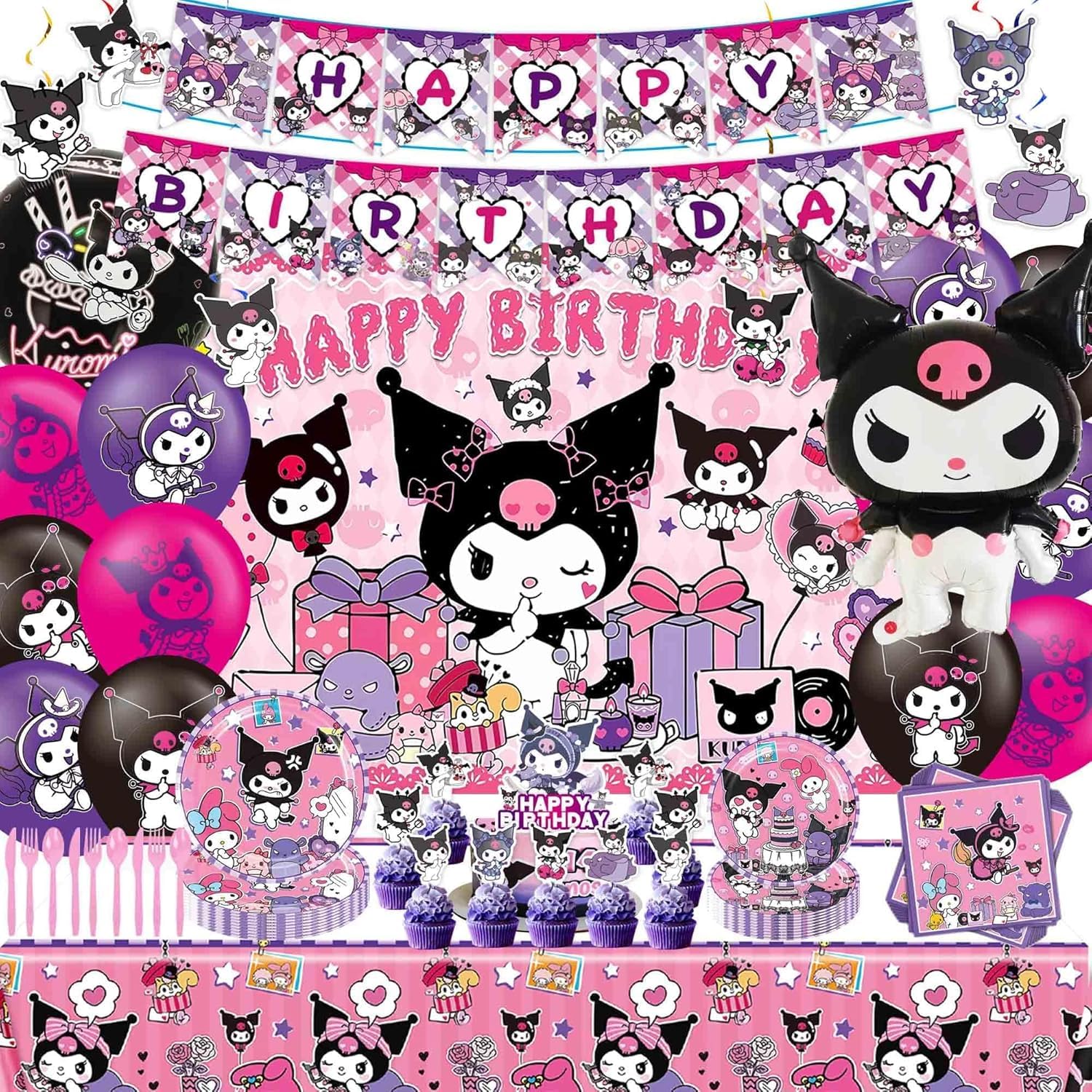 Photo 1 of 121Pieces Kuromi Birthday Party Decorations, Kids Cute Cartoon Party Supplies Include Happy Birthday Banner, Balloons, Tablecloth, Plates, Cupcake Toppers for Girls,Backdrop,