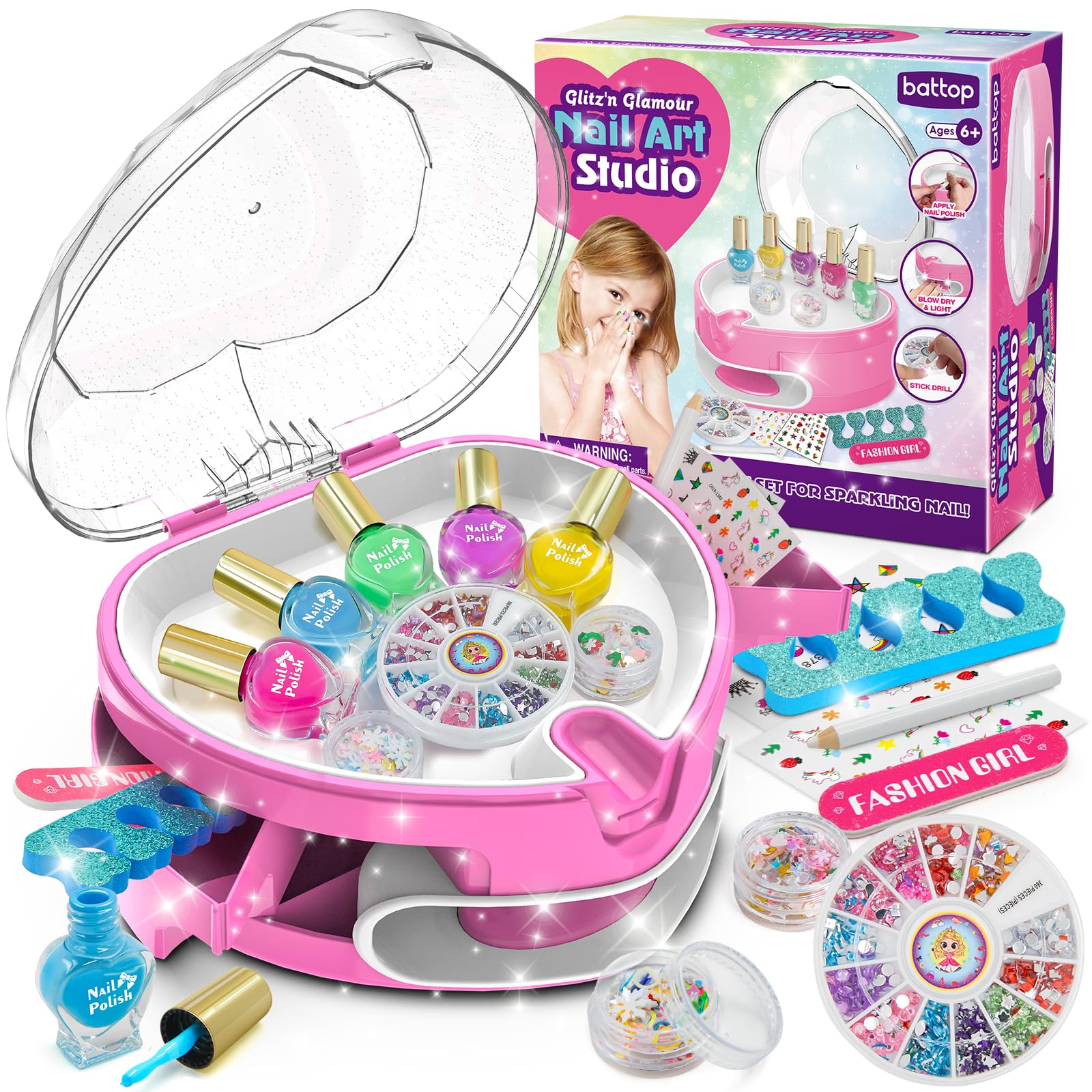 Dkinghome Girls Nail Art Kit Kids, Kids Nail Polish Sets for Girls Toys Age 6 7 8 9 10 11 12, Girl Nails Varnish Sets, Nails Salon Craft Kits for Girl Birthday Christmas Presents Gifts
