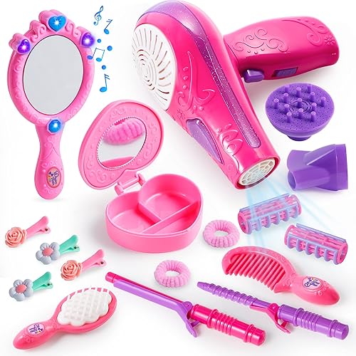 JOYIN 17Pcs Girls Beauty Salon Set, Pretend Play Doll Hair Stylist