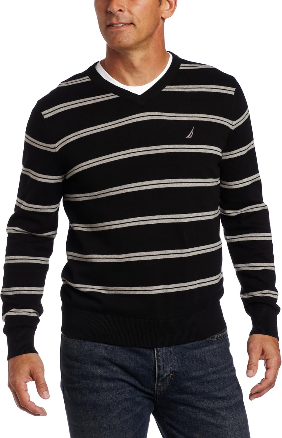 Nautica Men's V-Neck Allover Stripe Sweater, True Black, X-Large at Amazon Menâs Clothing store 