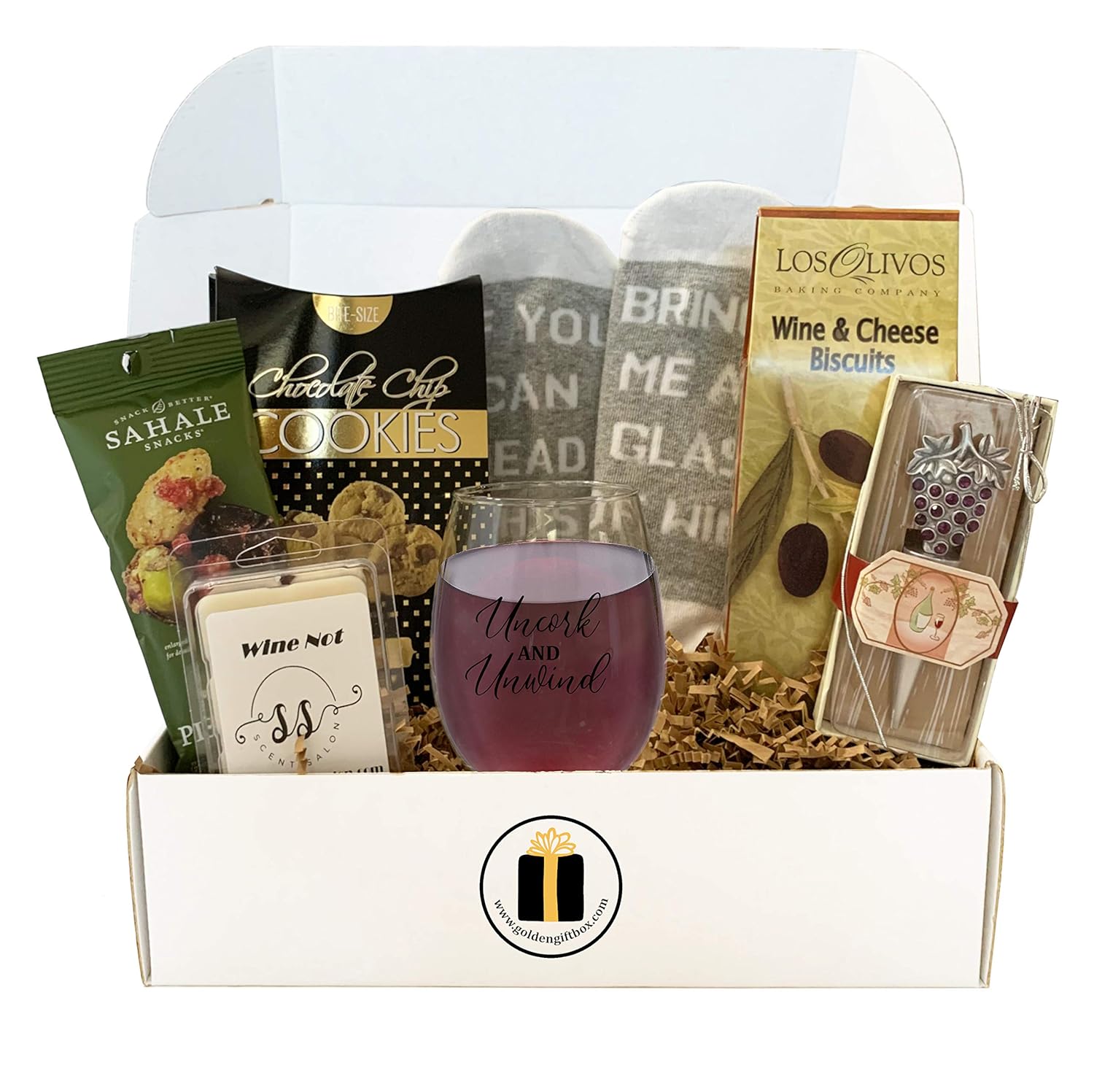 Wine Lovers Gift Box - Wine Gift Basket, Socks, Stemless Glass, Wine Snacks - Gifts for Him and Her (Uncork and Unwind)