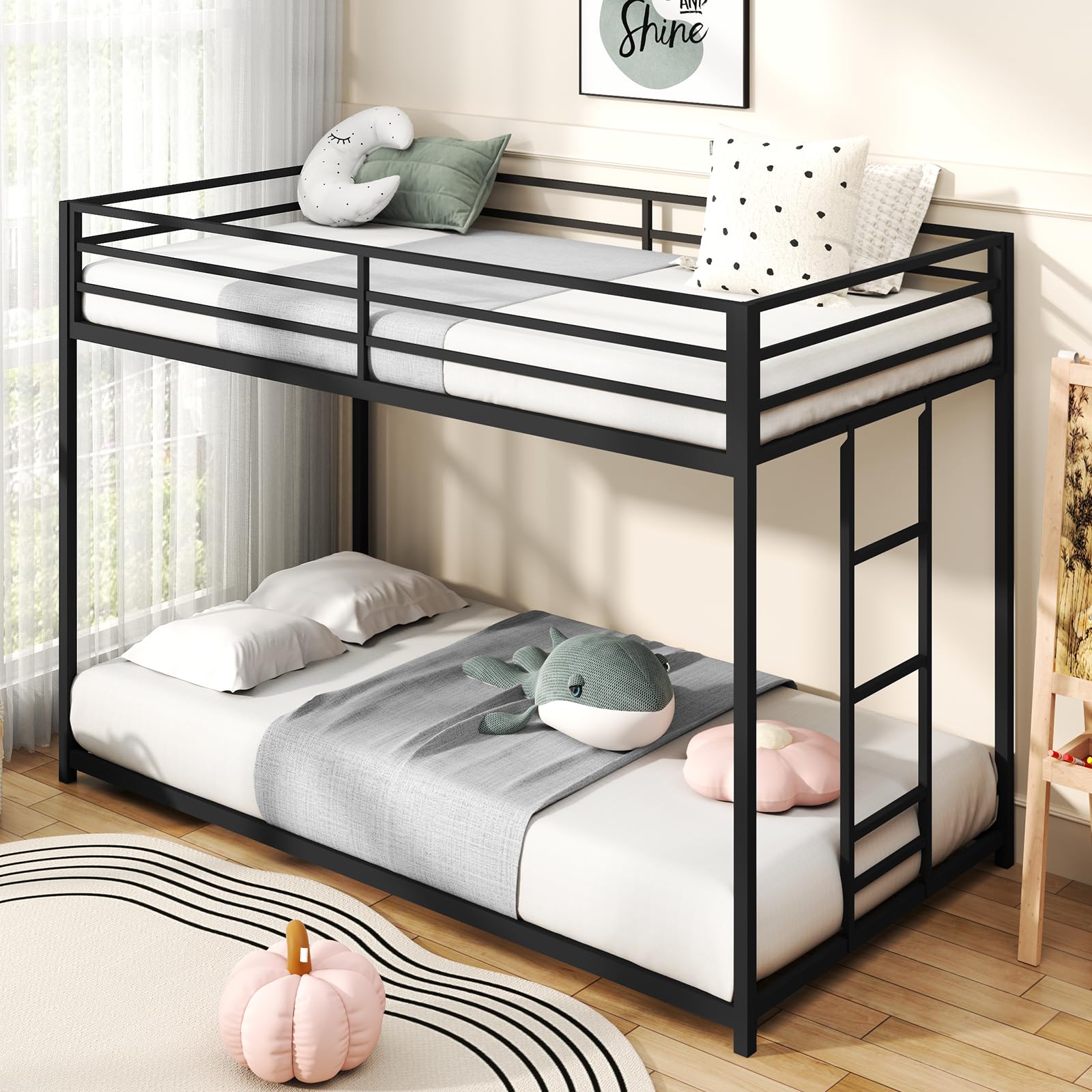 Photo 1 of **FRAME SCRATCHED**Zevemomo Twin Over Twin Bunk Bed, Metal Low Profile Bunkbeds with Full-Length Guardrail and Ladder, Space Saving, No Boxing Spring Needed, Black