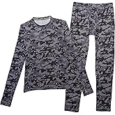 Cuddl Duds Climatesmart Boys Warm Baselayer Top & Bottoms 2 Piece Thermal Set Long Sleeve Shirt and Pants (Small, Black Camo)