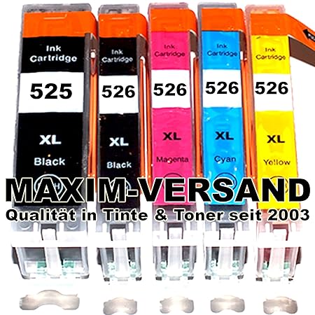 5x Reinigungspatronen kompatibel zu Canon PGI-525 PGBK XL Black & CLI-526 Photo-Black, Cyan, Yellow, Magenta mit Chip & Fülls