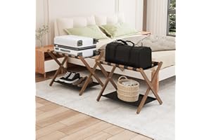 Smuxee Walnut Bamboo Luggage Rack Pack of 2, Foldable Suitcase Stand with Storage Shelf, Easily Assembled Luggage Stand with 5 Nylon-Straps for Guest Room Hotel Bedroom