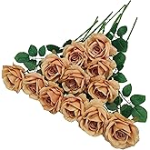 ATFL Brown Roses,12 Pcs Brown Flowers, Floral Diameter 4'',Artificial Fake Faux Silk Roses with Stems for Wedding Arrangement Centerpieces Party Home Table Decorations (Toffee)