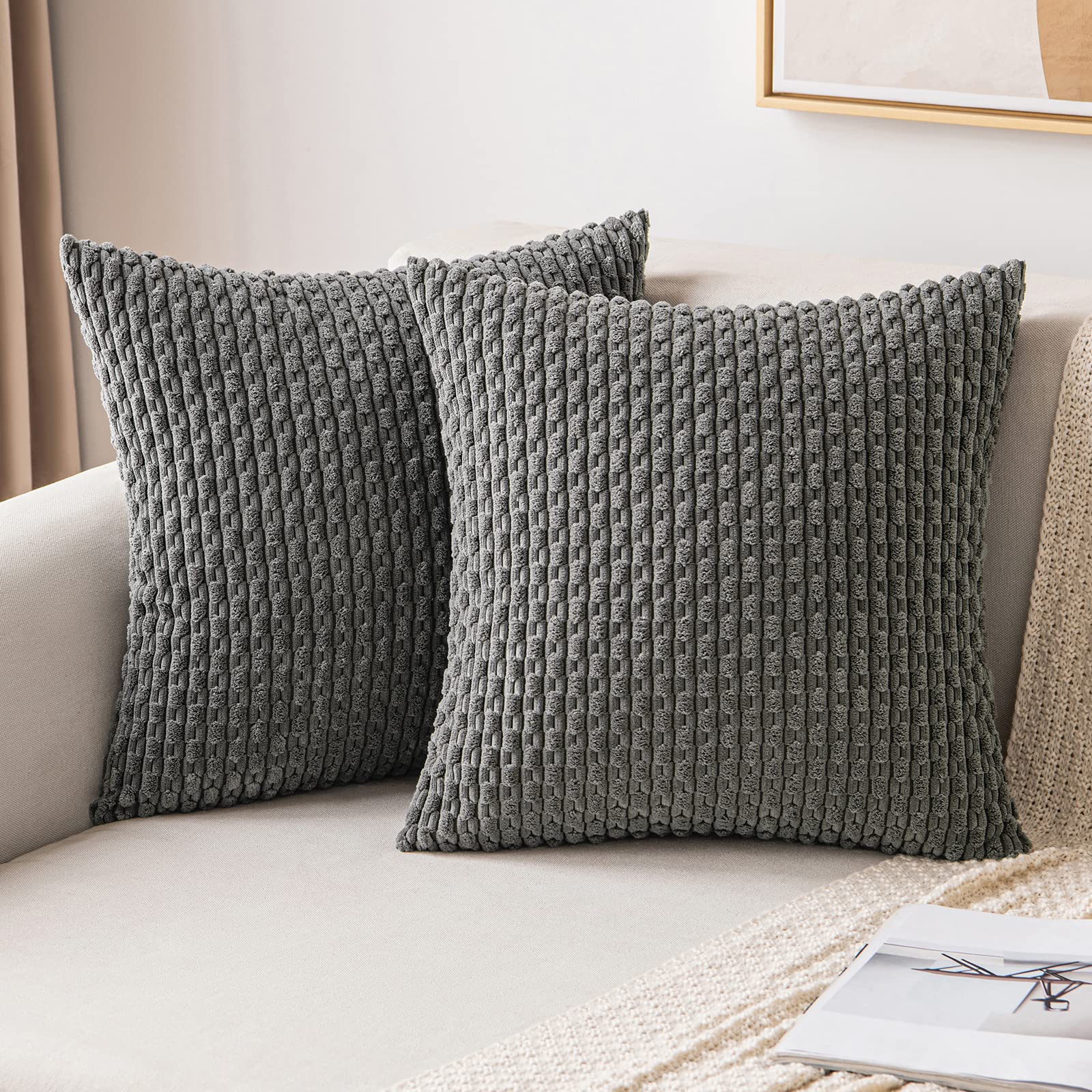 MIULEE Corduroy Cushion Covers Decorative Soft Throw Pillow Cover Square Pillowcase for Sofa Livingroom Chair Bedroom with Invisible Zipper 20x20 Inch 50x50 cm Pack of 2 Dark Grey