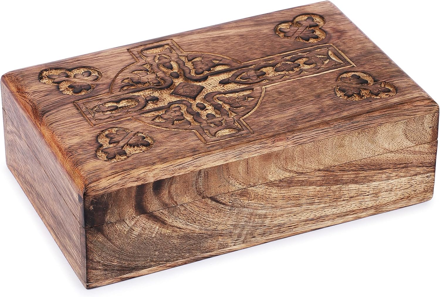 Ajuny Wooden Handcarved Decorative Jewelry Storage Box with Celtic Cross Carvings Design Multipurpose Treasure Chest Keepsake Organizer Necklaces Watch Boxes Gifts 8x5 Inch