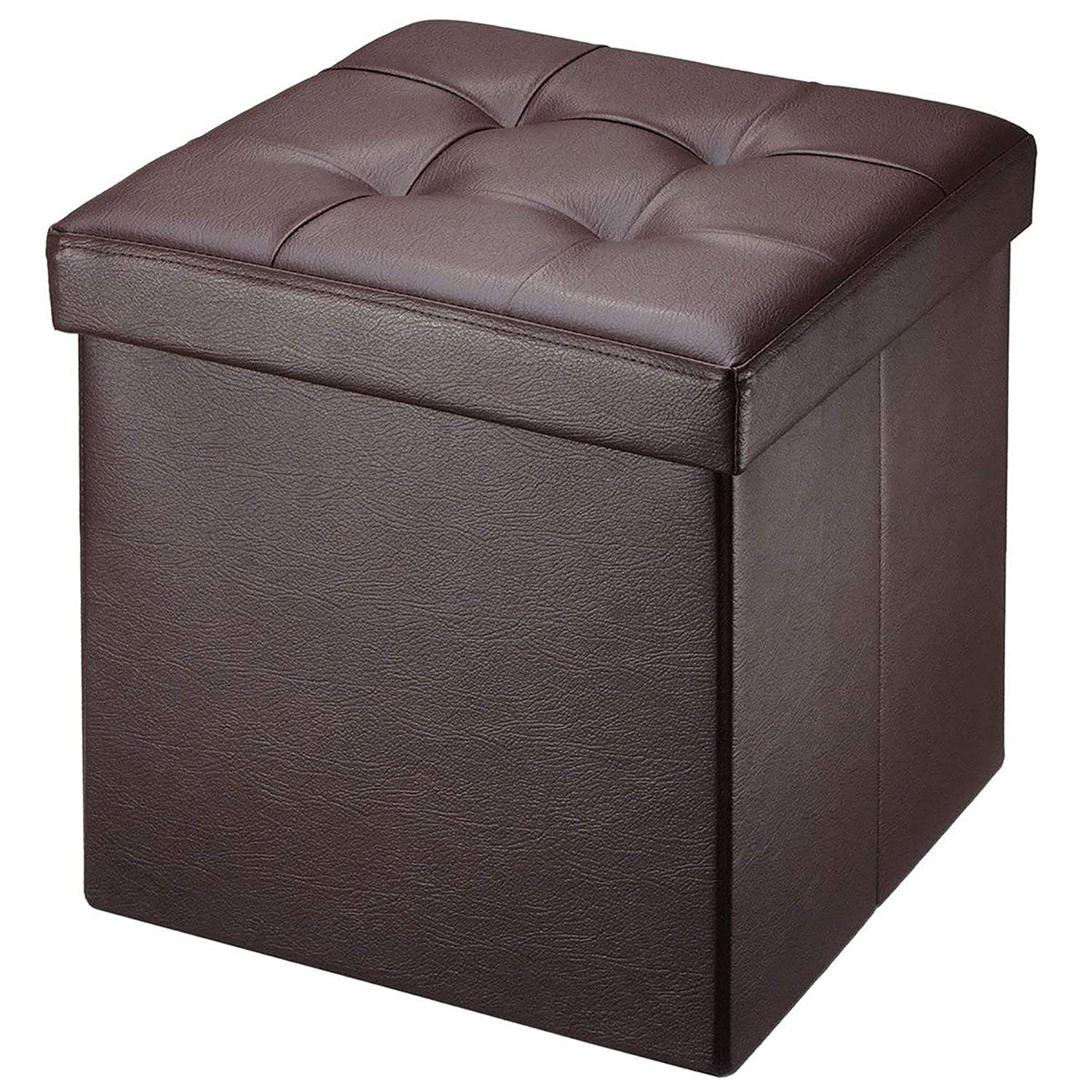 BRIAN & DANY Folding Ottoman Storage Box with Lid, Faux Leather Footstool Toy Storage Box Storage Seat 38 x 38 x 38 cm (Brown)