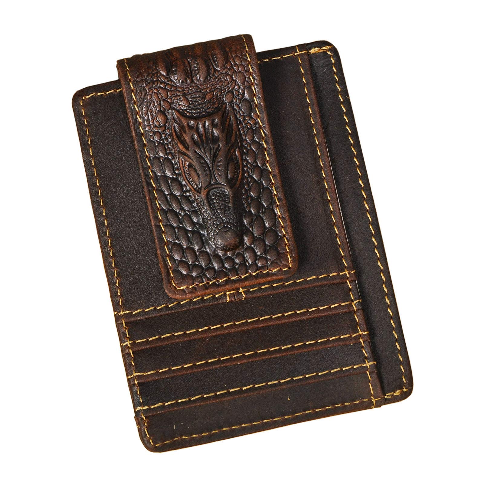 Le'aokuu Genuine Leather Magnet Money Clip Credit Card Case Holder Slim Card Wallet 1015 (1015 Dark Brown Crocodile Embossed RFID)