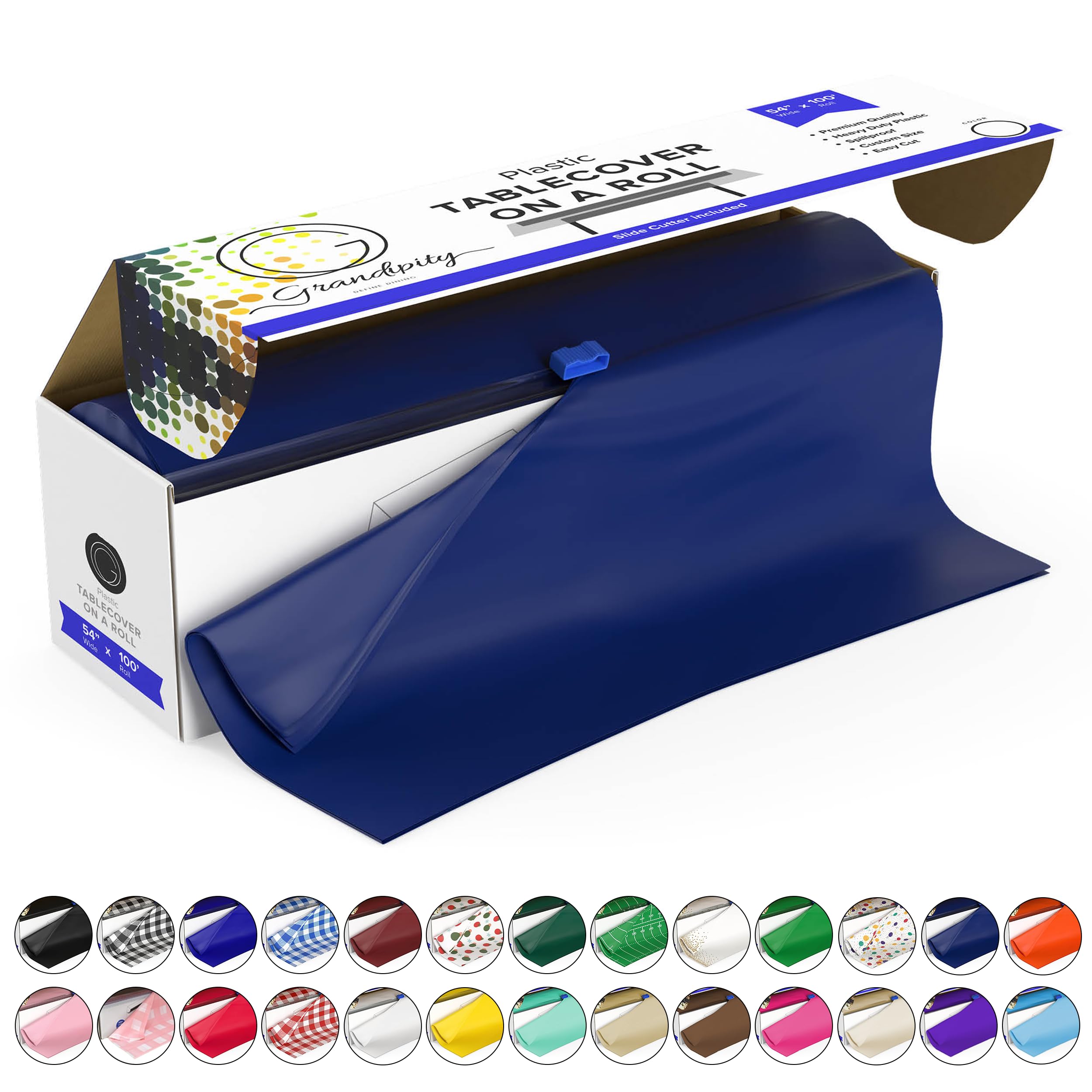 Grandipity Plastic Tablecloth Roll - 54in x 100 Ft. Navy Blue Plastic Table Cloths for Parties Disposable with Cutter Box - Cut to Size Disposable Tablecloth Table Cover for Rectangle & Round Image