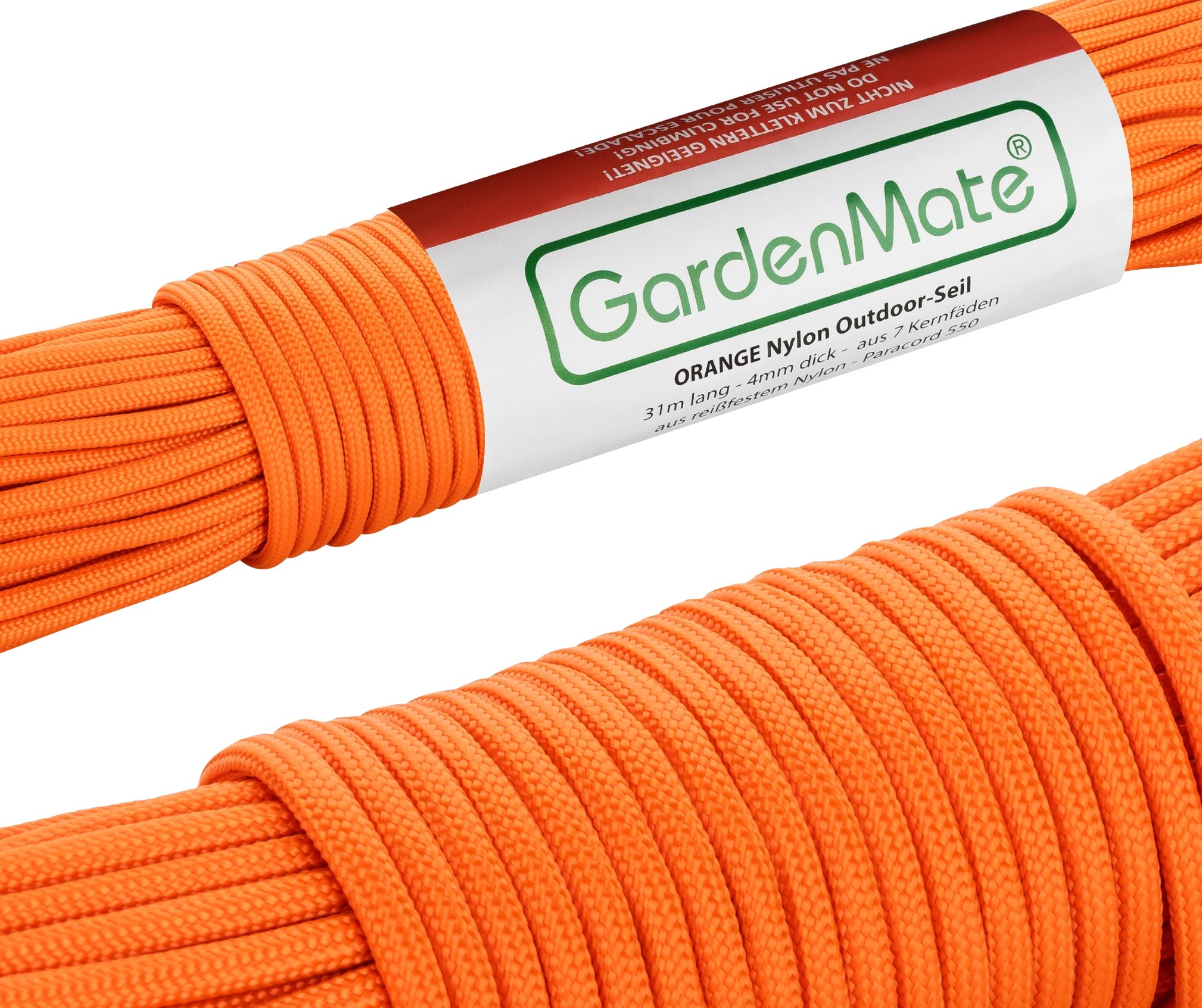 GardenMate Professional Nylon Outdoor Rope, Paracord 550, 31m Long, 4mm Thick, Tear-Resistant Kernmantle Rope with 7 Core Strands, Orange