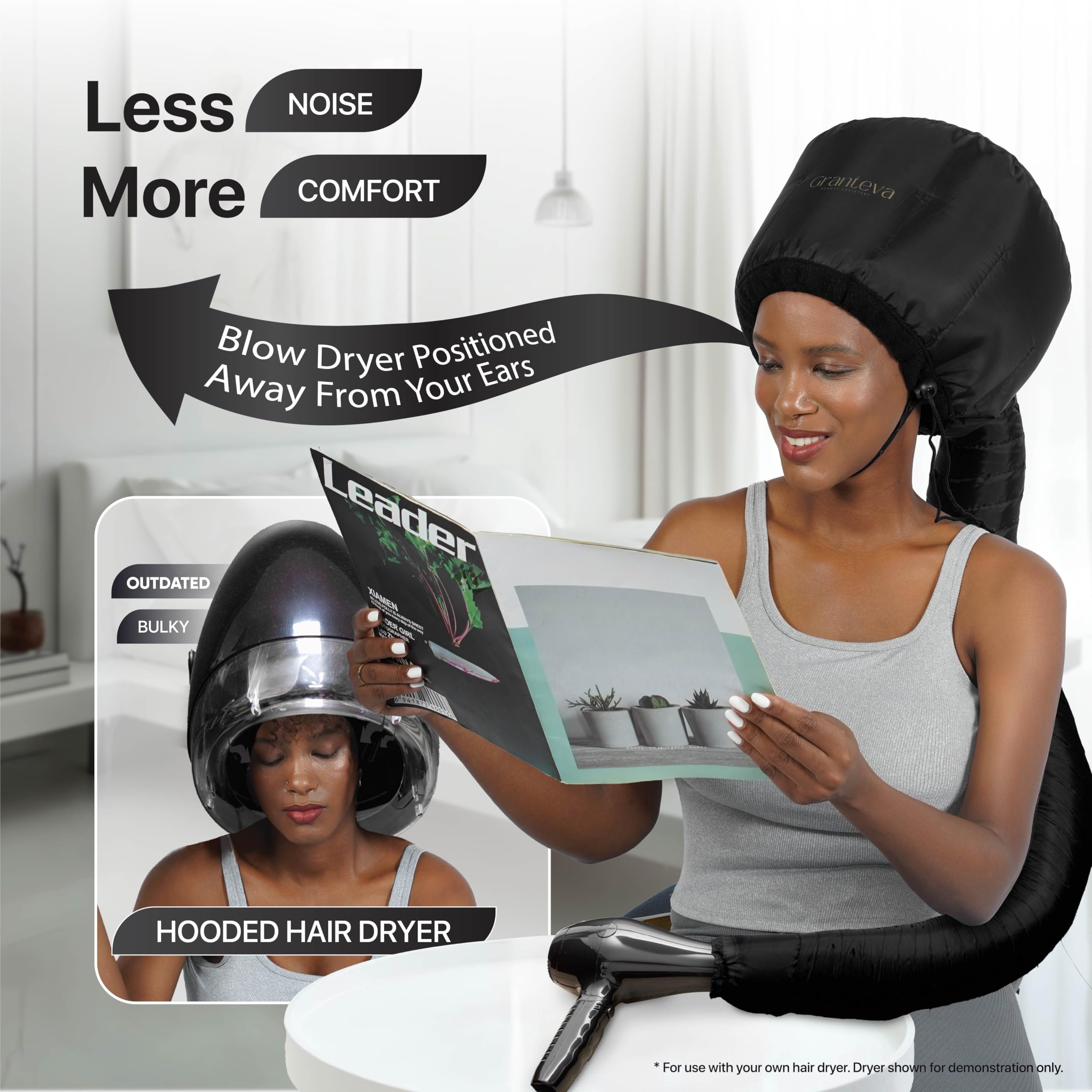Hooded Hair Dryer Attachment w/A Headband Integrated That Reduces Heat Around Ears & Neck - Hair Dryer Hooded Diffuser Cap for Curly, Speeds Up Drying Time, Deep Conditioning At Home - Portable, Large