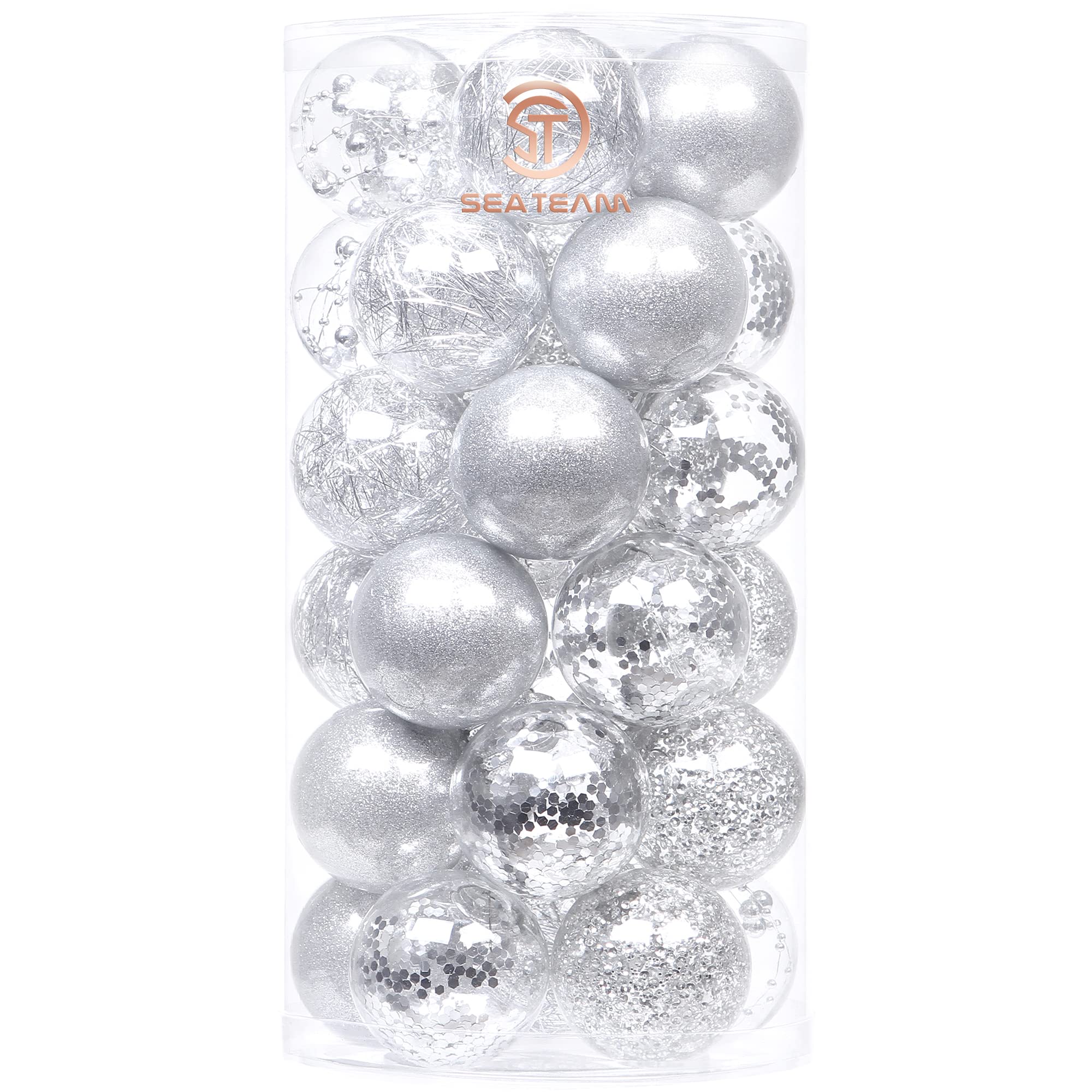 Sea Team 60mm/2.36" Shatterproof Clear Plastic Christmas Ball Ornaments Decorative Xmas Balls Baubles Set with Stuffed Delicate Decorations (30 Counts, Silver)