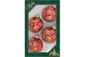 Glass Christmas Tree Ornaments - 67mm/2.63" [4 Pieces] Decorated Balls from Christmas by Krebs Seamless Hanging Holiday Decor (Christmas Red with Gold Floral Glitterlace)