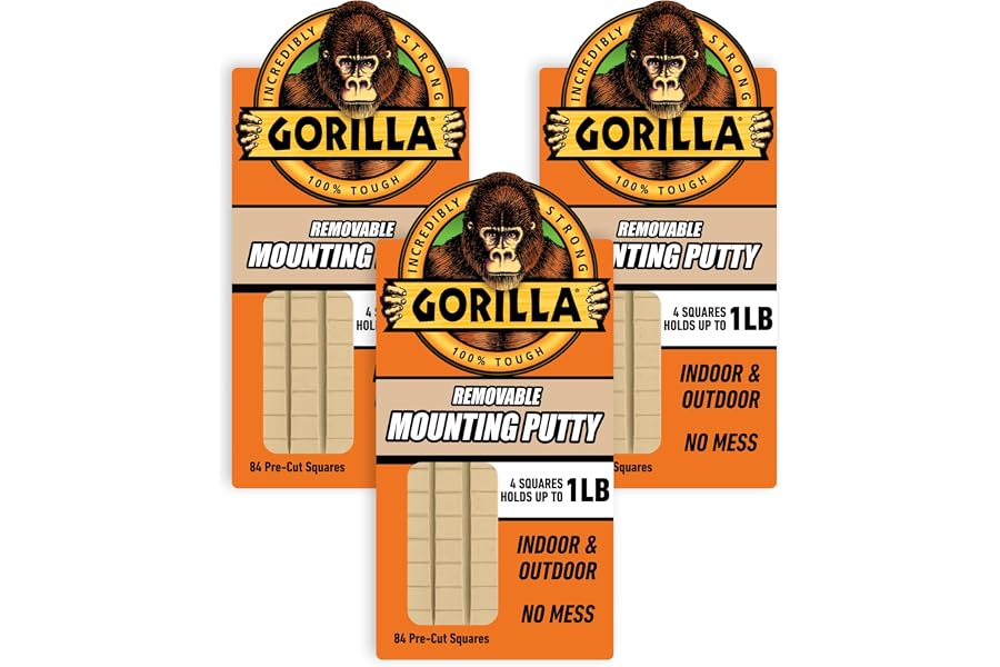 Gorilla Removable Mounting Putty Reusable & Repositionable Adhesive 84 Count Pre-Cut Squares (Pack of 3) Holds 2 lbs Back to School Supplies for Teachers Students Parents, Indoor Outdoor