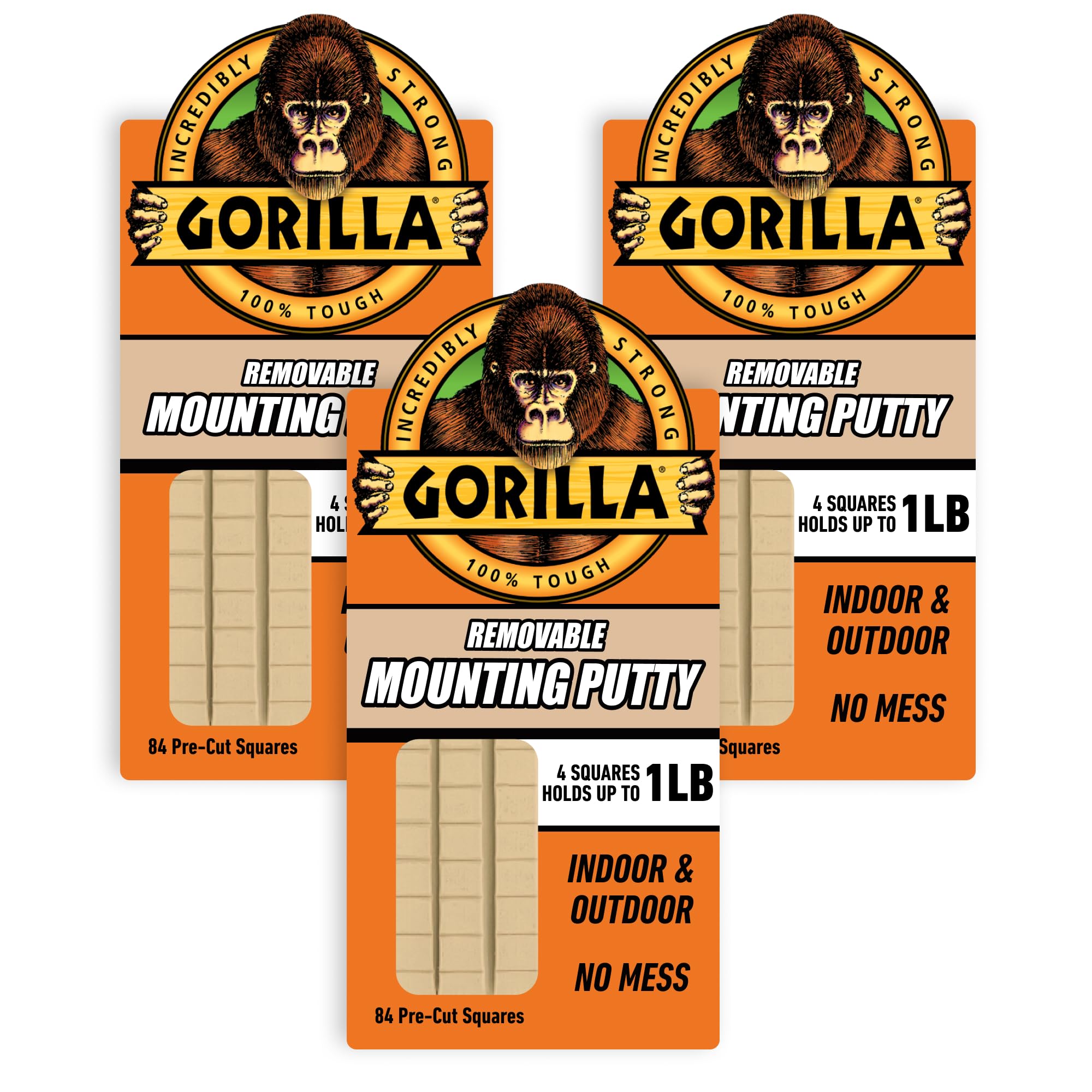 Photo 1 of Gorilla Mounting Putty, Natural Tan Color, 84 Pre-Cut Squares (Pack of 3) - Non-Toxic Removable & Repositionable Wall Putty