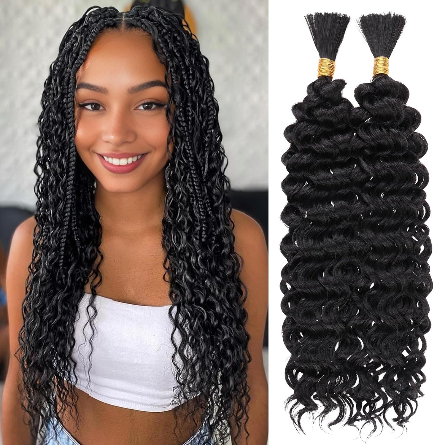 Human Braiding Hair for Boho Braids Human Hair Braiding Hair 100g 20 Inch Curly Boho Hair for Braiding Knotless 12A Deep Wave Bulk Human Hair for Braiding Bohemian 2 Bundles/Pack Natural Color — image 1