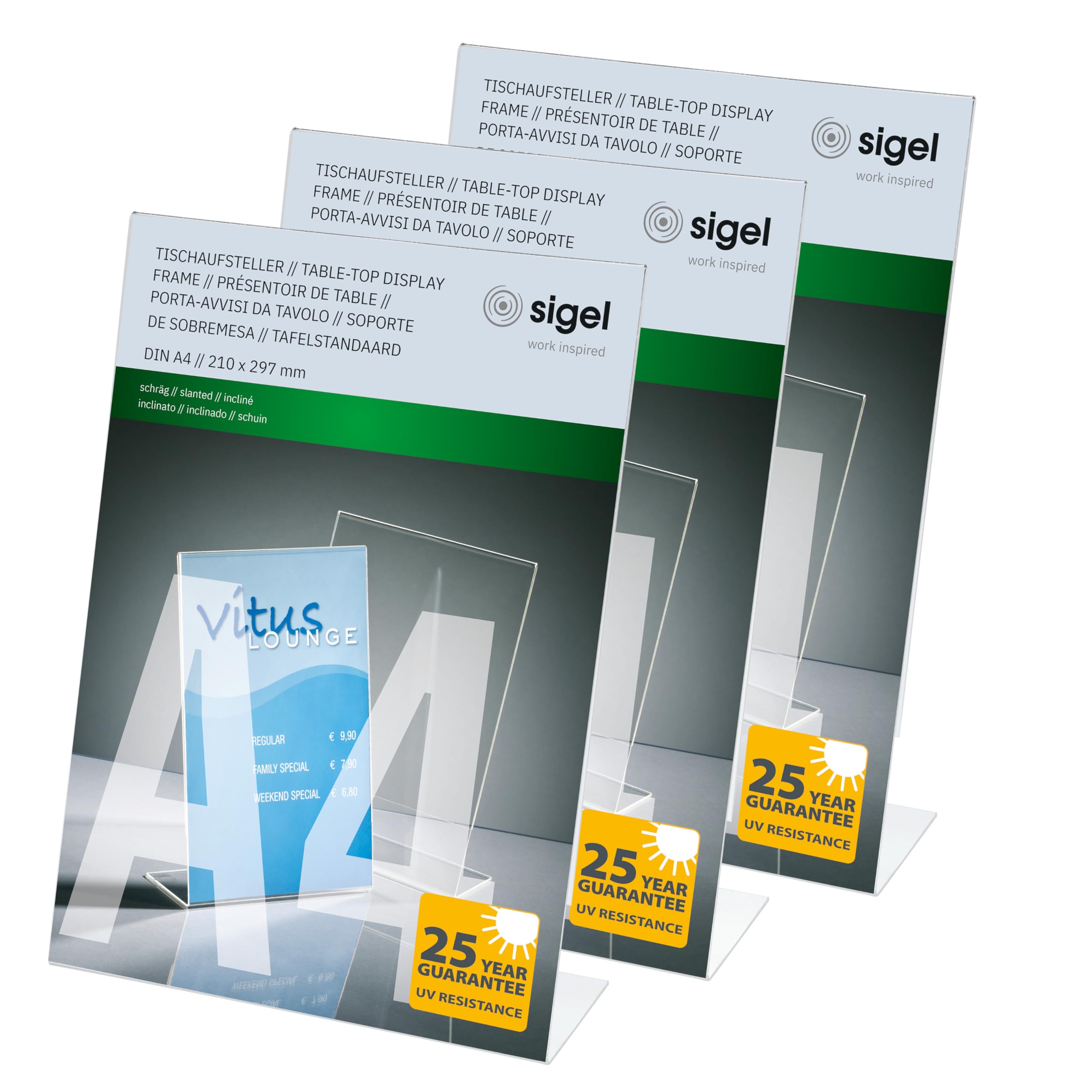 SIGEL TA210 Sign Holder, slanted, for A4, single-sided presentation, uv resistant acrylic, transparent, 3 Pieces