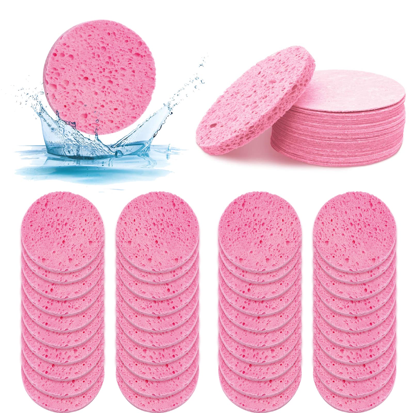 ZOCONE 70 PCS Face Sponges for Cleansing Exfoliating, 60mm/2.4In Natural Wood Pulp Cotton Face Sponges Reusable Compressed Facial Sponge, for Makeup Removal Face Wash Cleansing Skin Clean(Pink)