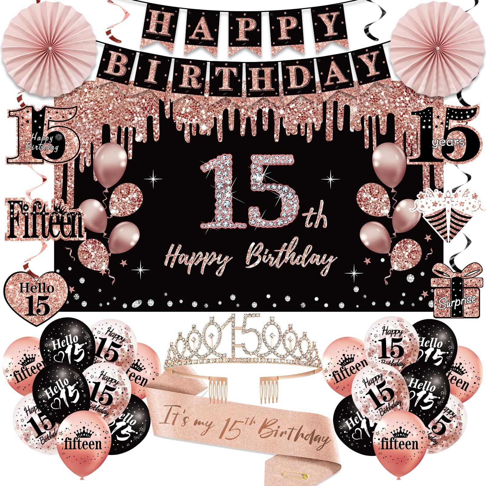 Photo 1 of (incomplete) 15th Birthday Decorations for Girls, 33pcs Black Rose Gold Happy 15th Birthday Banner 15 Birthday Crown and Sash Balloons Backdrop Hanging Swirls Paper Fans