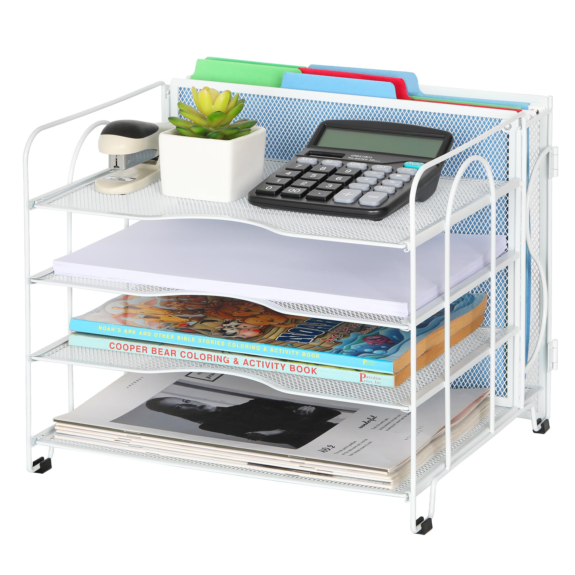 TQVAI 4 Tier Desk Organiser Letter Tray for Hanging File Folders Letter Size or A4 Size, Desk Tidy Organiser, Magazine File Holder, White