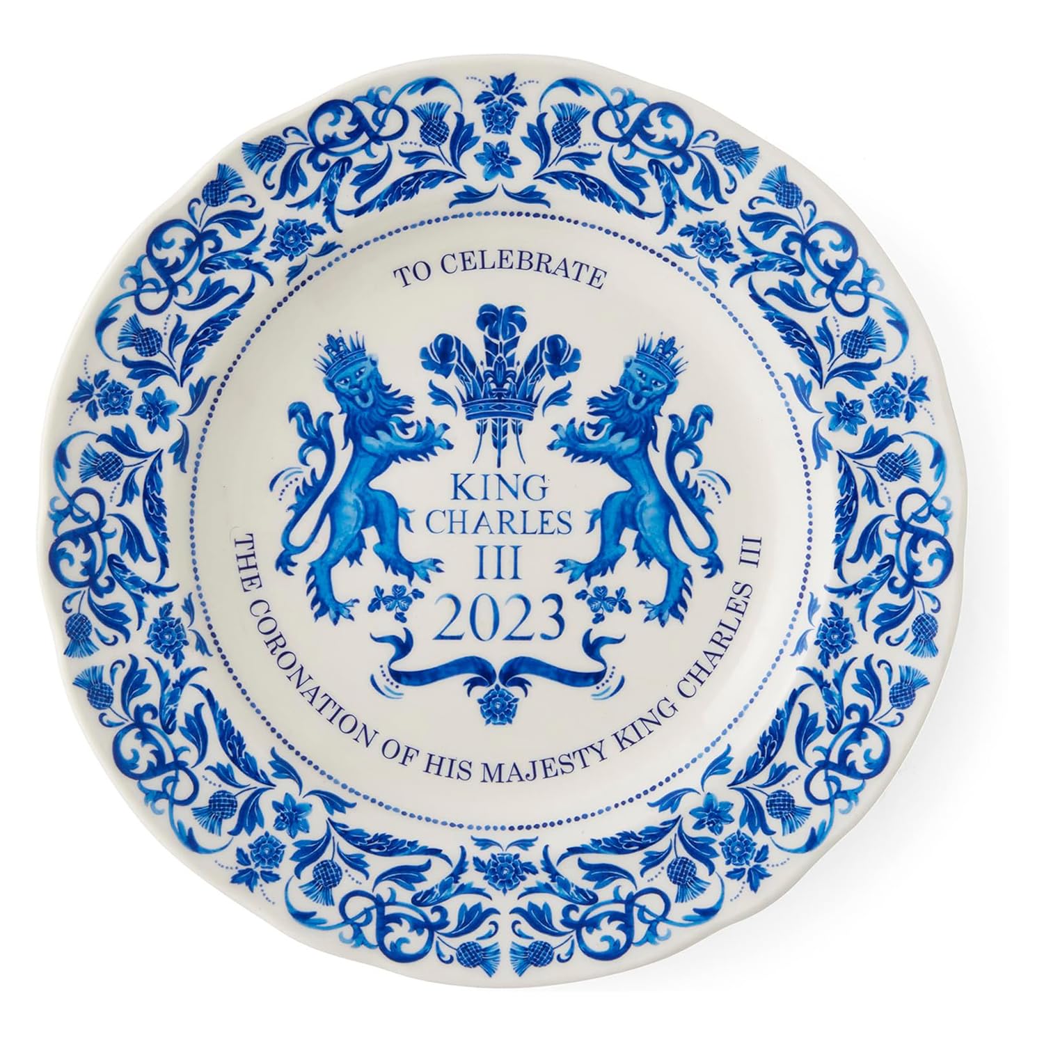 Spode King Charles III Coronation single 23cm plate, Blue & White Pattern UK made