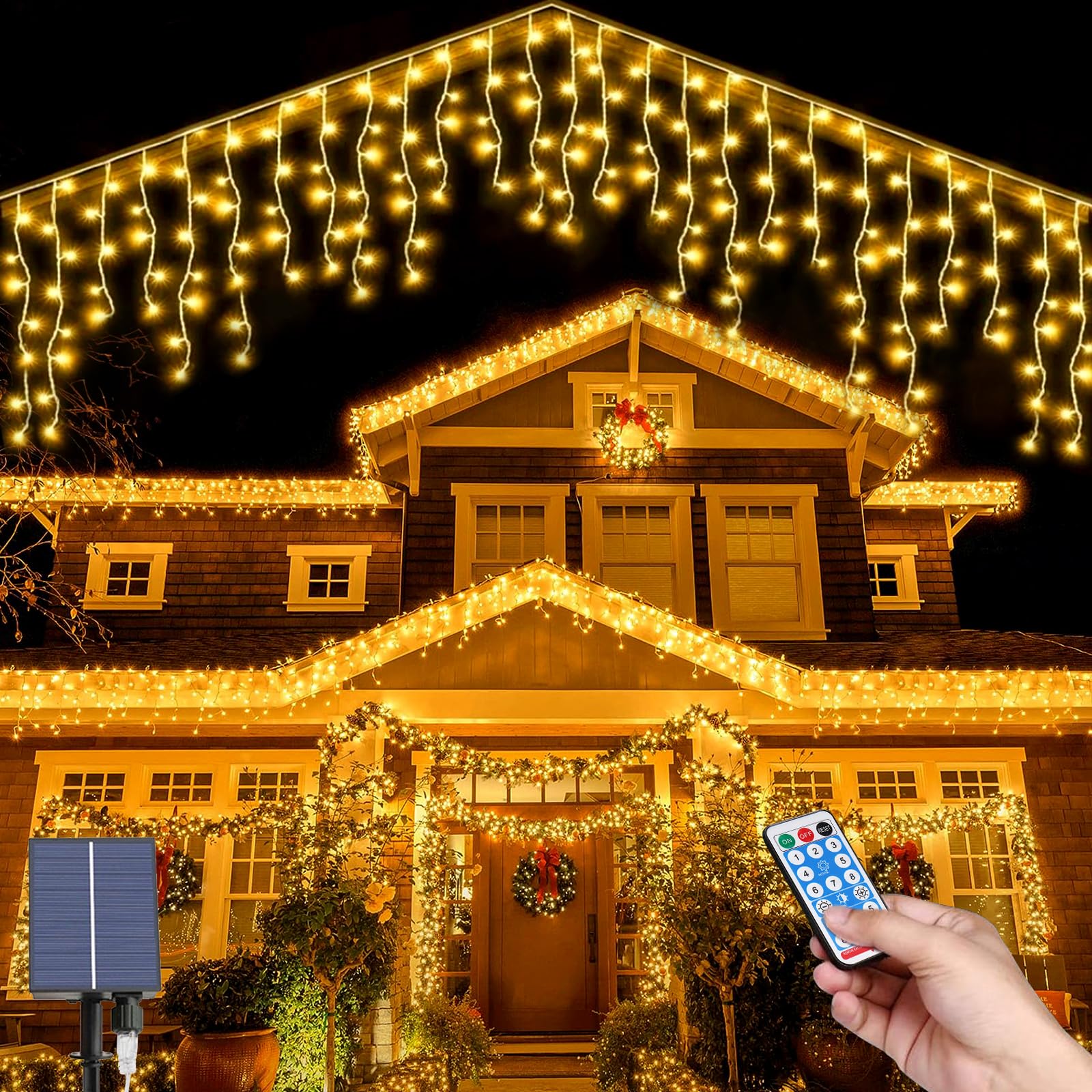 MXJFYY Solar Icicle Lights, 26.2FT Icicle Fairy Lights Outdoor Waterproof, 44pcs*2.62FT 264LEDs Waterfall Fairy String Light 8 Modes Remote Control Solar Garden Light for Windows Garland Door Wall