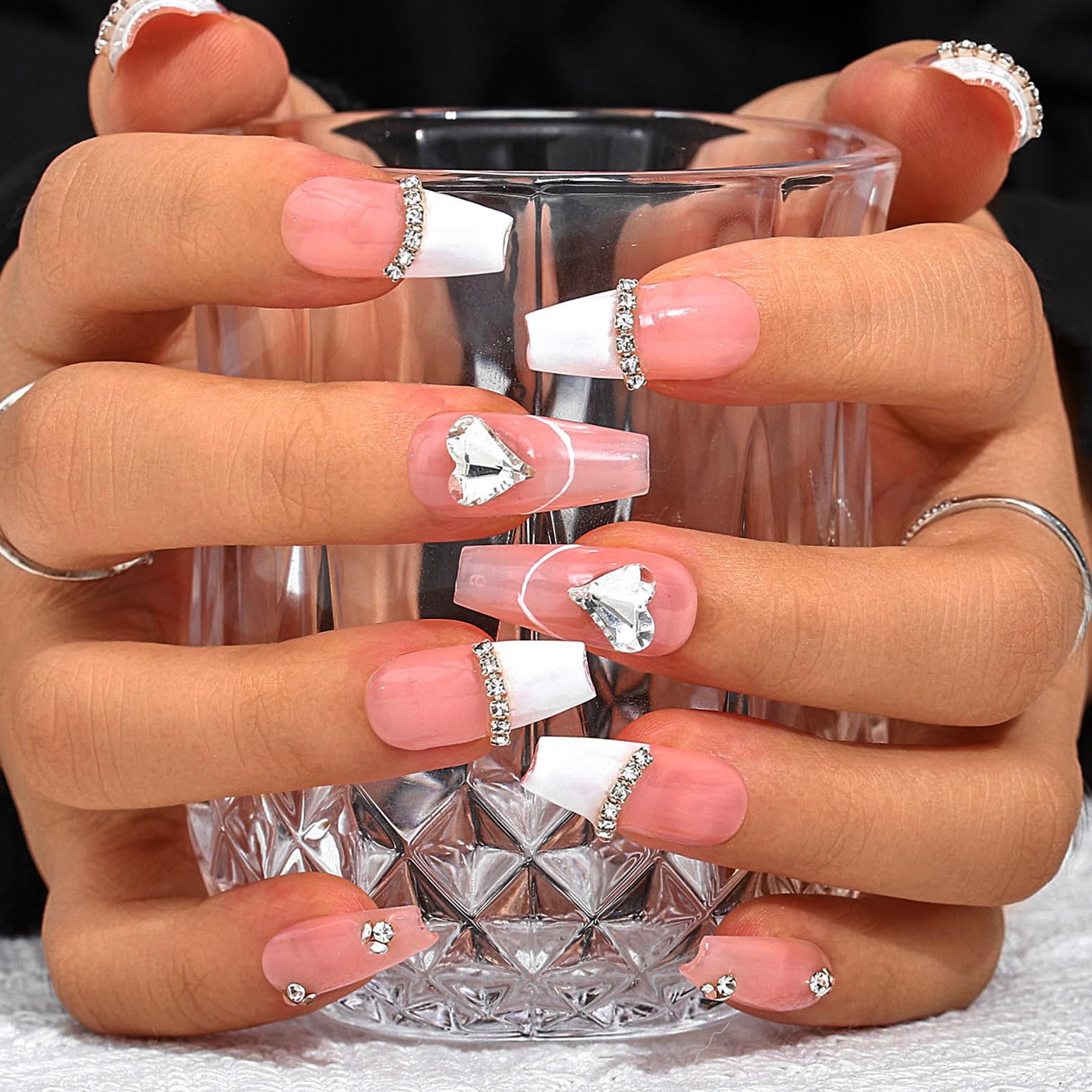 Sethexy French Long Coffin Pink False Nail Handmade Rhinestone Glitter Fake Nail 3D Crystal Love Heart Glossy Press On Nails Acrylic Sparkle Stick On Nails Removable for Women and Girls(H)